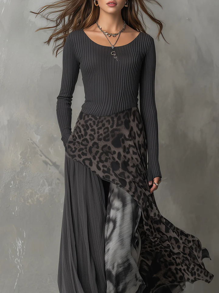 VANESSA | LEOPARD SPLICED IRREGULAR HEM MAXI DRESS