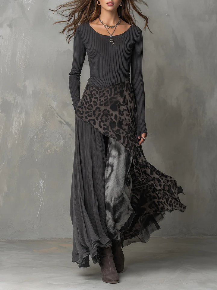 VANESSA | LEOPARD SPLICED IRREGULAR HEM MAXI DRESS