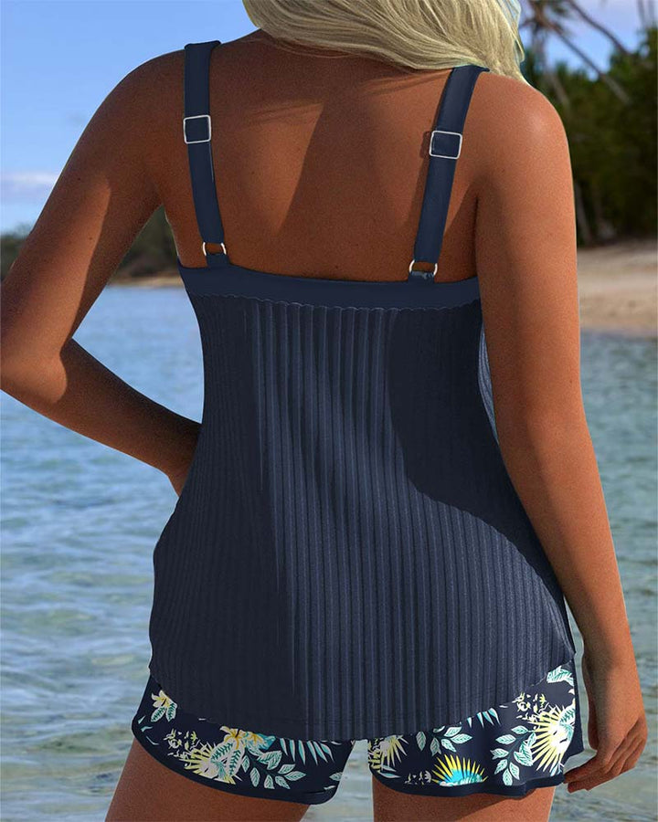 Alicia | Striped Tankini with Two-Piece Beach Shorts